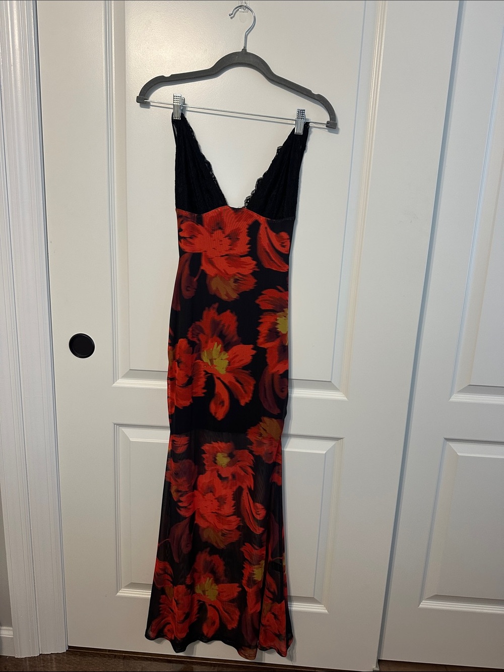Black Maxi Dress with Red Floral Print